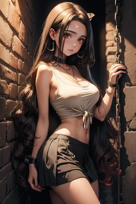 Italian girl long straight brown hair, really busty breast, tied with chains to a wall, wearing a miniskirt, a torn t-shirt, is in a dark cellar