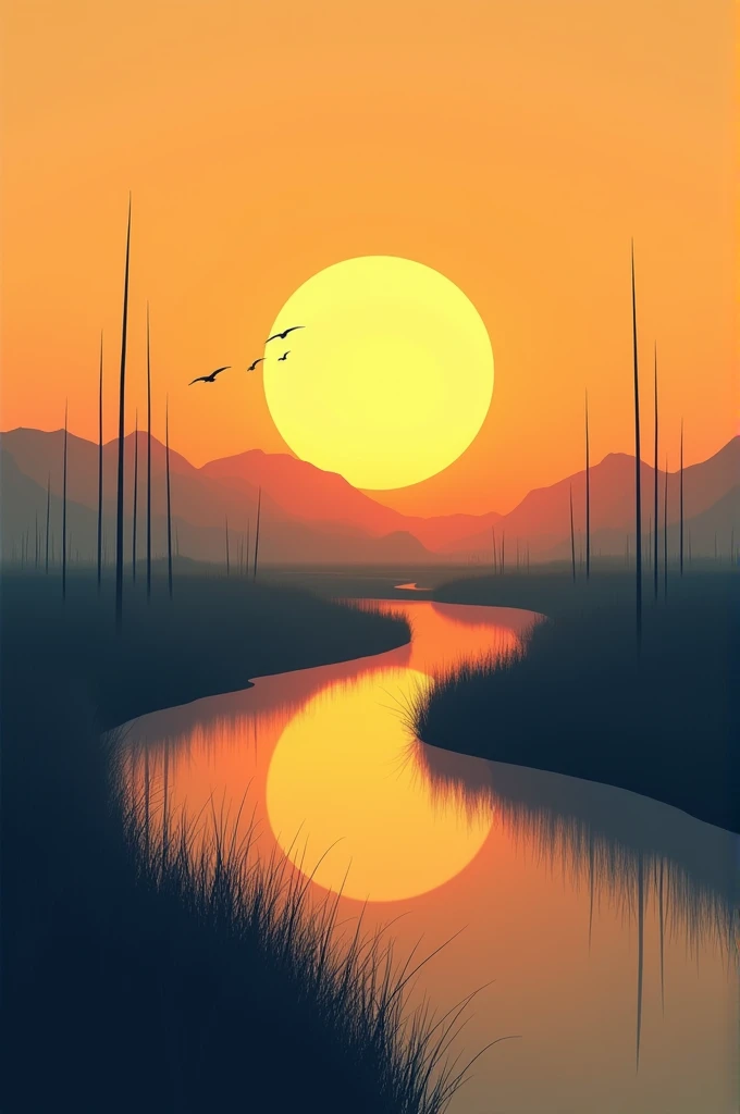 A serene, minimalistic sunset landscape featuring a large, golden sun setting behind distant mountains. The sky is painted in warm orange and yellow hues, reflecting on a calm river that winds through a peaceful marsh. Tall, thin silhouettes of trees and r...