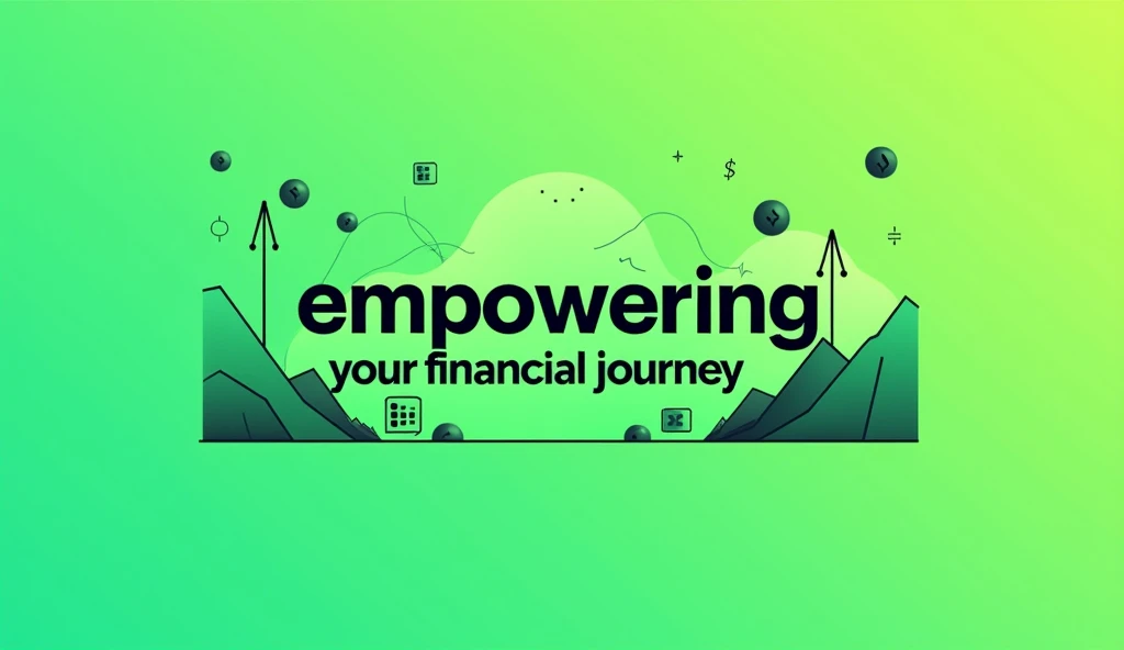 Create a modern graphic featuring the slogan "Empowering Your Financial Journey" in bold, stylish typography. Use a vibrant green gradient background with abstract shapes and patterns that represent growth and stability in finance. Include subtle icons lik...