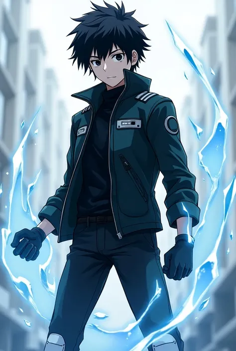  student costume Create a Boku No Hero character, man, pale,  Deku style black hair , Bakugo style black eyes, pelo hasta los hombros, With Black Ice Quirk, UA 