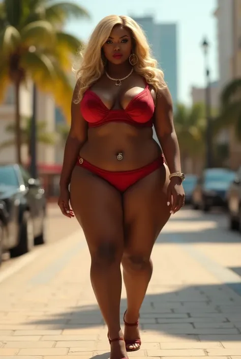 Voluptuous chubby Ebony with horny face blonde hair, big boobs and big ass wearing  Velvet bra and underwear and high heels walking on miami