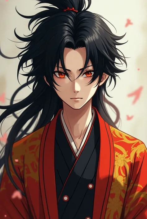 I want you to represent me as the texture of Mitsuris hair and serquillo like that of Kokushibo but in black a haori with shades of red, yellow and orange and for the face lets put your creativity to the test what you think I would be in the world of Kny a...