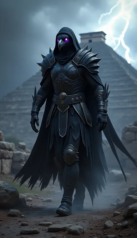  Imagine an ultra-realistic humanoid black eagle with the dark and dark essence of Noob Saibot from Mortal Kombat,  walking on the ancient Teotian ruins Huacán .  The eagles feathers are elegant and black ,  spinning with dark energy .  His eyes shine in a...