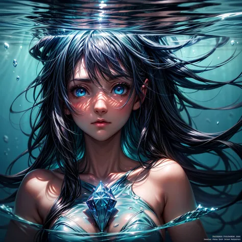 An anime girl underwater, bright blue eyes, curious facial expression, half of her face exposed (from the nose up), the rest covered by the crystal clear water. High resolution, vibrant colors, digital art