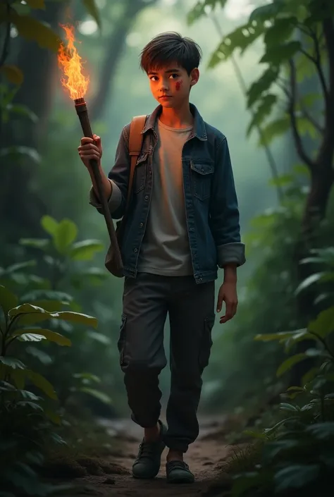 A teenage boy has a scratch on his left hand a little bit bleeding. wearing an denim jacket and a grey T-shirt a track pant and has a fire torch in a jungle 