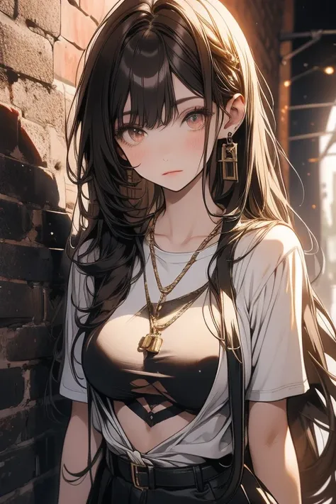 Italian girl long straight brown hair, really busty breast, tied with chains to a wall, wearing a miniskirt, a torn t-shirt, is in a dark cellar