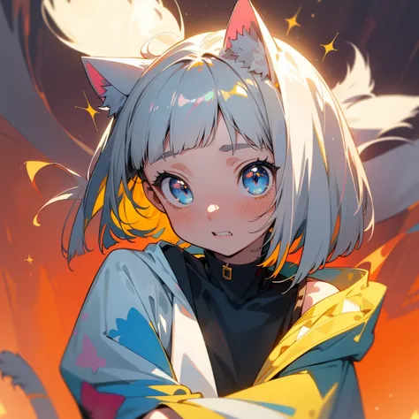 （（amazing background 1 .5））((Best quality 1.2))、((Masterpiece 1.2))、Watercolor、((Fashionable clothes))、girl、 bob cut、Gray Hair、Blue Eyes、Cat ear hood、UNIQUE YELLOW HOODIE 、 with sparkling eyes, Double teeth, Embarrassed、Slightly red cheeks、 simple backgrou...