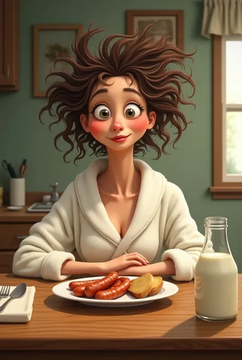 Funny woman hair disheveled in a bathrobe big eyes sitting in the kitchen at a table a plate of sausage bread a bottle of milk