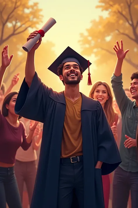 A graduate holding a diploma – A person in a cap and gown proudly holding a diploma, with their family in the background cheering and celebrating.