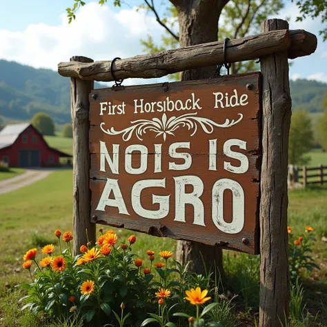 Create a rustic farm sign with the phrase: First horseback ride nois is agro  