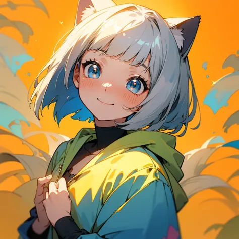 （（amazing background 1 .5））((Best quality 1.2))、((Masterpiece 1.2))、Watercolor、((Fashionable clothes))、girl、 bob cut、Gray Hair、Blue Eyes、Cat ear hood、UNIQUE YELLOW HOODIE 、 with sparkling eyes, Embarrassed、 Is a Smiley Smile、Slightly red cheeks、 simple bac...