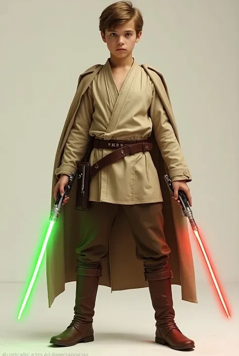 

 A teenager appears dressed as a Jedi ,  inspired by the characters of the Star Wars .  He wears the classic Jedi tunic ,  a long, light brown cape that falls to his ankles ,  made of a fabric that seems heavy ,  but fluid , allowing freedom of movement....