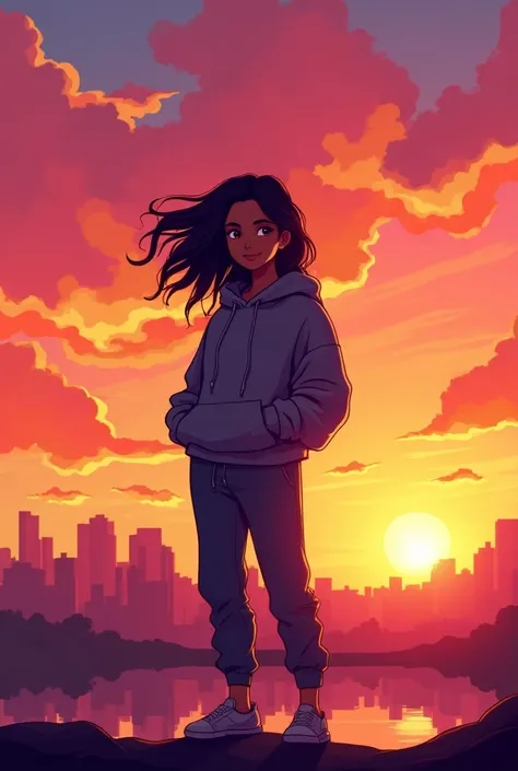 "A vibrant vector illustration of a sunset scene, showcasing a sky filled with brilliant hues of orange, pink, and purple as the sun sets on the horizon. In the foreground, a beautiful young woman stands confidently, dressed in trendy streetwear that inclu...