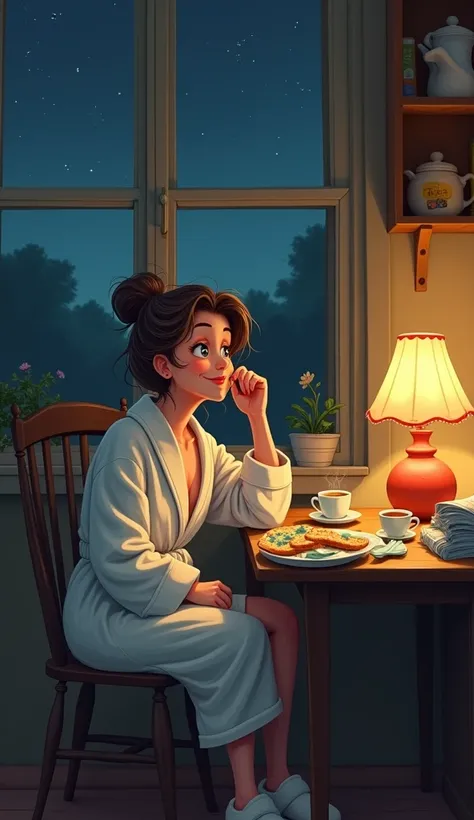 Funny woman in a bathrobe sits in the kitchen at a table a plate of sausage bread a cup of tea outside the window night