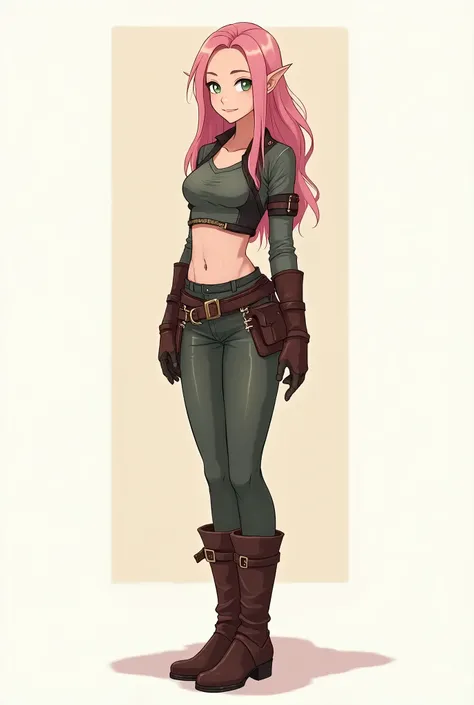 (Full body:1.5), subject in semi-profile, 1 half-elf, woman, young, slightly pointed ears, small ears, pink hair, green eyes, slim, medium chest, nice legs, smiling, friendly, RPG clothes, rogue clothes, leather, boots, anime style, simple drawing, line dr...