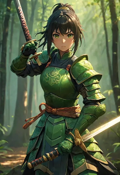 (detailed human face and head), (1girl, ninja), male, best quality, cinematic lighting, green skin, darkness, character, bronze and green armor, tortoise warrior, wooden sword, tortoise face best quality, male, shell, armor, green skin, strong, battle stan...