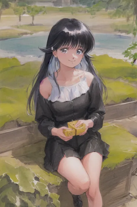 retro artstyle, watercolor, A beautiful woman looking up,  Ayukawa Madoka, highly detailed, (best quality, 4K, 8k ,highres, masterpiece:1.2), ultra-detailed, good looking,  cute, smile, (closed mouth:1.1) , long black hair, Messy bangs, akemitakada 