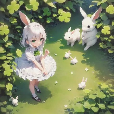 Among green four-leaf clovers. Miniature tiny white rabbit is holding a clover. very cute and charming picture. Sparlking magical silver mist.