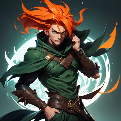 play a  male character. He has orange hair that covers his shoulders a little, his face is a little thin and he has dark blue eyes. He is a little strong and tall, around 1.81m. His clothing is a large cape in a very dark green, the cape has a hood that is...