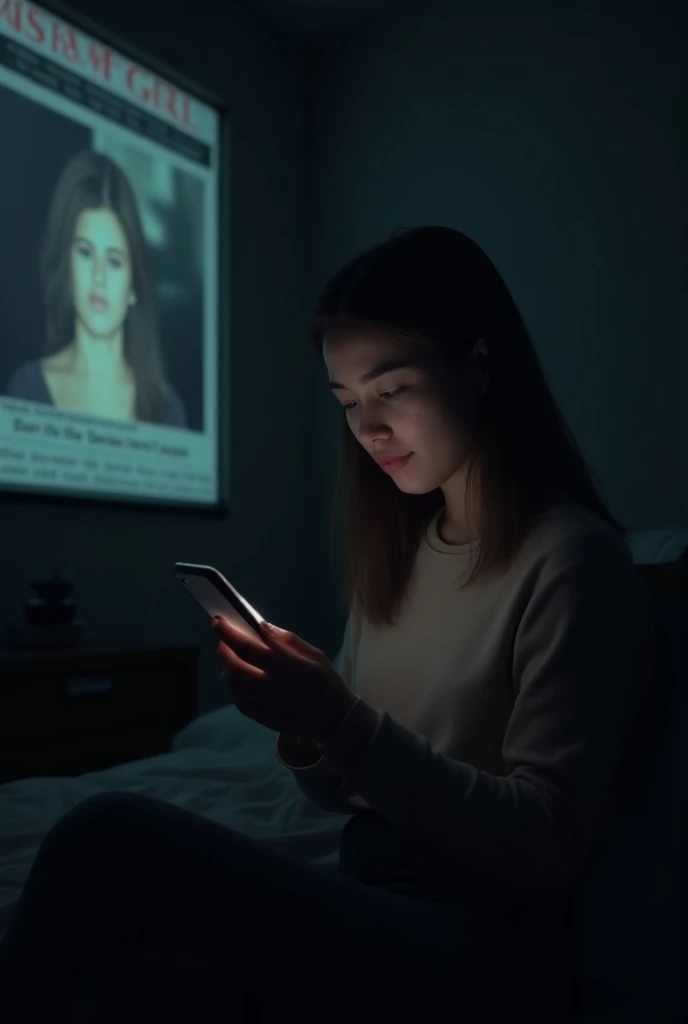 A young woman, seated on a chair beside her bed in a dimly lit room, is staring intently at her phone. The glow from the phone softly illuminates her face, showing a mixture of concern and curiosity. Behind her, in the background, is a blurred yet recogniz...