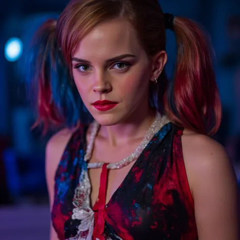 A closeup portrait photo of Emma Watson dressed as an over sexualized Harley Quinn with red and blue pigtails who is gazing directly at the camera with a manic expression. Spotlight illumination. 
