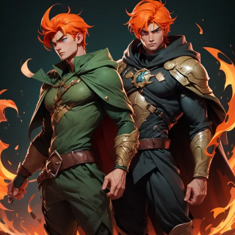 play a  male character. He has orange hair that covers his shoulders a little, his face is a little thin and he has very dark blue eyes. He is a little strong and tall, around 1.81m. His clothing is a large cape in a very dark green, the cape has a hood th...