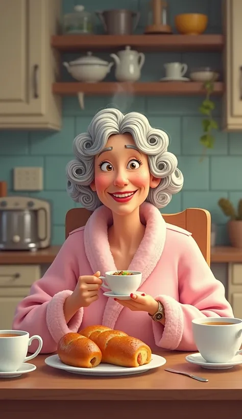 A funny middle-aged woman in a bathrobe curlers on her head sits in the kitchen at a table a plate of sausage bread a cup of tea 