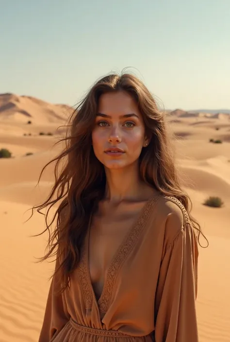 woman, 25 years old, (brown hair, wavy hair, hair length at shoulder blades, long hair: 1.2), desert, sand dune, desert woman, woman alone in the desert, Sahara, womans view in small, drone view, drone shot, top view ((high quality, very detailed, photo qu...