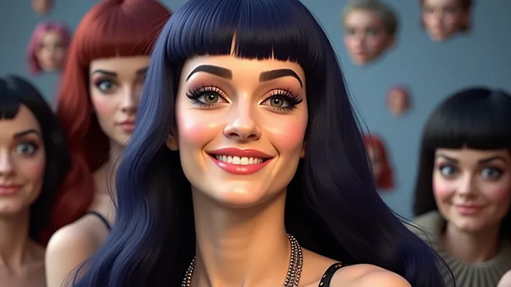 Realistic detailed artwork images of multiple floating heads and faces of Katy Perry, different sizes, 3d collage style, make it weird and gallery worthy