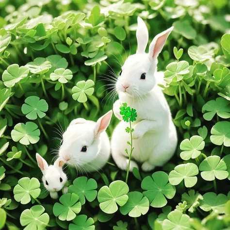 Among green four-leaf clovers. Miniature tiny white rabbit is holding a clover. very cute and charming picture. Sparlking magical silver mist.