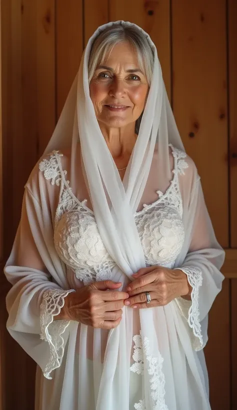 
90-year-very old white veiled hijabi headscarf curvy  plump beauty short body Turkish grandmother in the sauna transparent lace full perforated 
tulle wet saunawearing full frontal standing. seeing her  body under seeing breasts and vulva