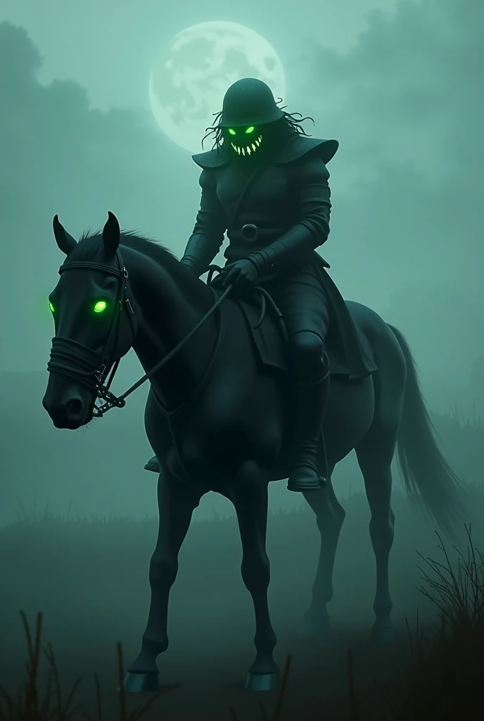 
"A terrifying depiction of the Dullahan, a headless horseman from Irish folklore. The figure rides a dark, powerful horse through a misty and eerie landscape under a cloudy night sky. The Dullahan holds its decaying head away from its body, with glowing g...