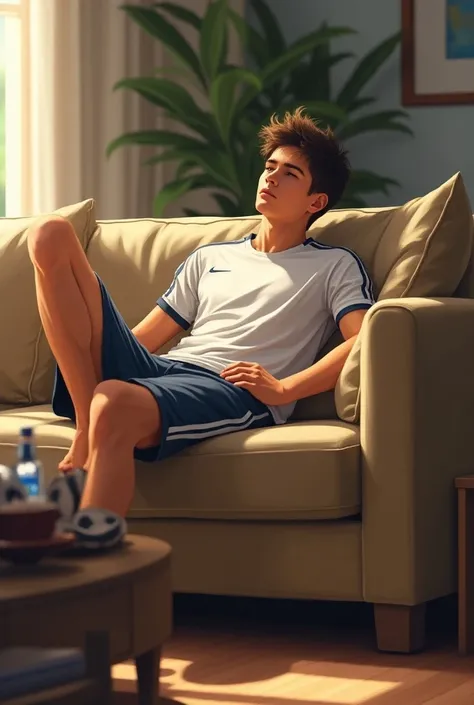 Teen boy  teenager soccer player lying barefoot crossed on sofa