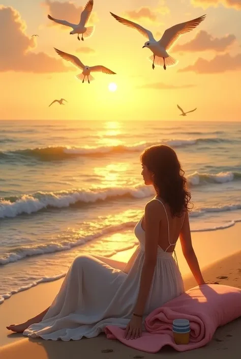 
Sea sunset waves seagulls woman sitting wearing dress looking at the sea towel and cup 