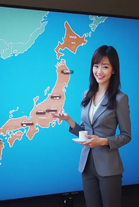  Japanese female caster looking at me on the TV and conveying the weather forecast with a smile
The weather forecast is for each major city on the map of Japan、Clear mark、Rain mark、 cloudy mark is displayed with a vertical angle of view of 9
Horizontal 16 ...