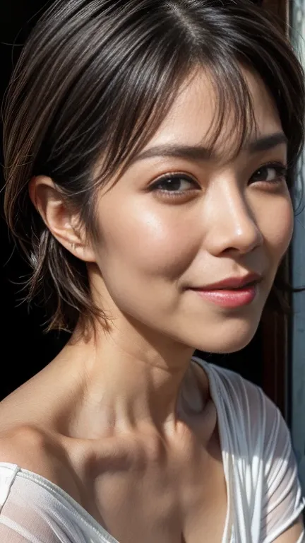 (UHD, masterpiece, anatomically correct, best quality, super detail, 16k)、(42-year-old woman:1.4),smile、(((beautiful pixie cut hair、 bust up shot ))),  Beautiful Mature Women , ( realistic facial wrinkles:1.4、 wrinkles on the outer corner of the eyes :1.2、...