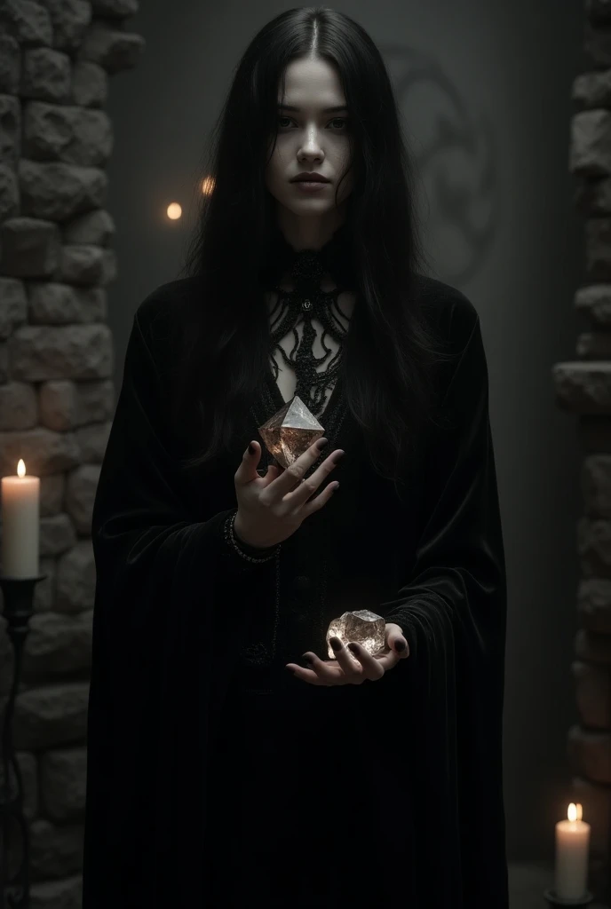 A gothic woman holding in her hands a sinister glossary and a crystal tethraedron
