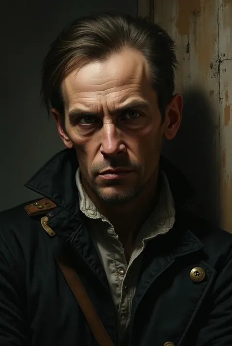  Old portrait that suits the atmosphere of the 19th century and steam punk details, which illustrates a former soldier ,  who lives in the lower class .  The man is thin and with a cold and intimidating look .