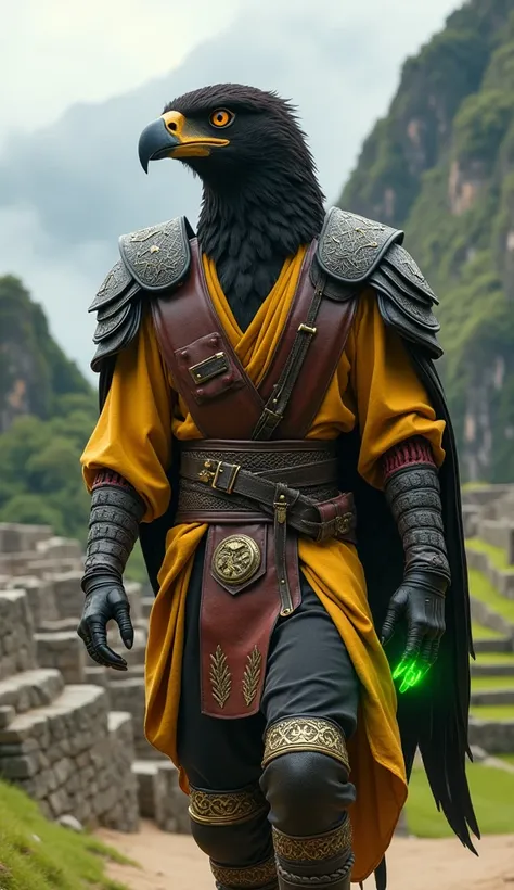  Imagine an ultra-realistic humanoid Andean condor with the magical powers of Shang Tsung from Mortal Kombat,  walking through the ancient city of Machu Picchu .  a costume inspired by traditional oriental warrior clothing ,  mixed with fantasy elements . ...