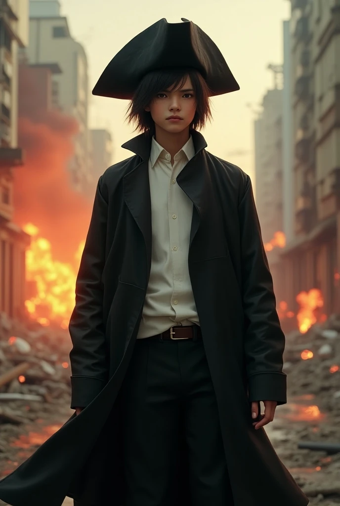 Tall brunette teen
Black hair color 
Straight hair 
With a very large black lab coat 
And with a black pirate hat 
And with a white shirt 
Gender boy
Destruction scenario 
And realistic character 