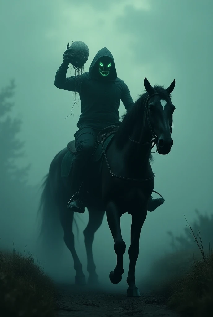 
"A terrifying depiction of the Dullahan, a headless horseman from Irish folklore. The figure rides a dark, powerful horse through a misty and eerie landscape under a cloudy night sky. The Dullahan holds its decaying head away from its body, with glowing g...