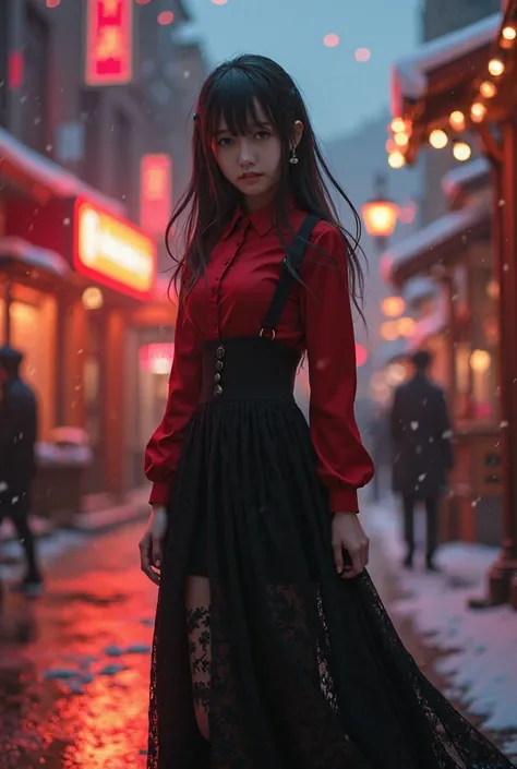 ((Best quality, 8k, lace maxi dress, standing in the rain, red light district, highly detailed face and skin texture, detailed eyes, double eyelids.)、tits、 stick out my butt、Red Shirt,School Blazer Uniform、Christmas Scenery、snow