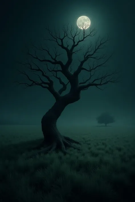  Create a mysterious, dark place ,  with a large tree and a grass floor, facing a full moon .