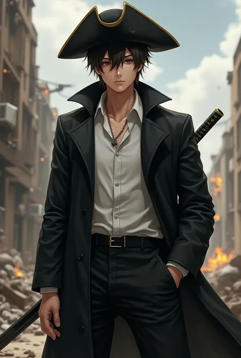 Tall brunette teen
Black hair color 
Straight hair 
With a very large black lab coat 
And with a black pirate hat 
And with a white shirt 
Gender boy
Destruction scenario 
Erected a katana on the side

And realistic character 