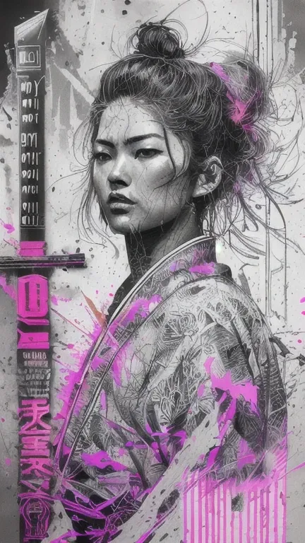 profile shot, black and white, strong samurai, centered, key visual, intricate, highly detailed, breathtaking, pruod, demonic,  precise white lineart, vibrant, comprehensive cinematic, Carne Griffiths, Conrad Roset, (the most beautiful portrait in the worl...