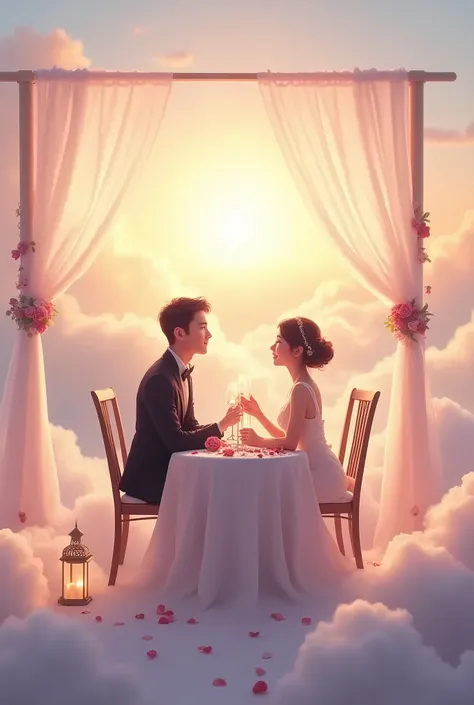 Romantic date on the clouds with a table and chair with more decoration 