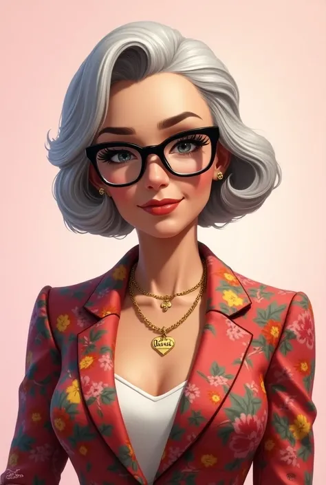 An elderly female character with the illustration in GTAV style with gray hair wearing good black womens glasses, a flowery blaser and a gold chain around her neck and a gold pendant written by Lavínia on a light pink background.