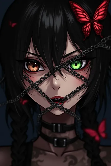 Anime woman with an angry look with a brown eye and a green eye wrapped her face in chains and with red butterflies 