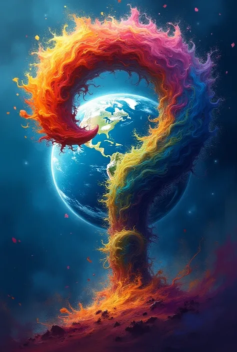  Question mark with vibrant colors and planet Earth in the background 
