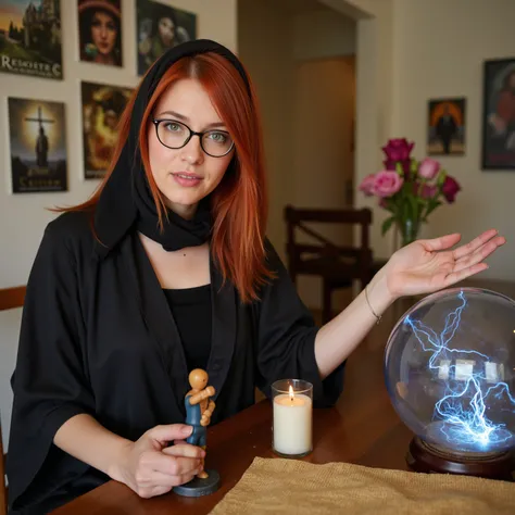 Ultra realistic. A woman with red hair and glasses is sitting at the table. The woman has half a scarf in her hair. The womans age is in her 30s, there are candles and incense on the table. There is a round glass globe on the table in front of the woman. I...